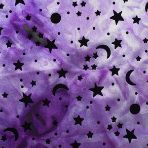 Mystical Celestial Purple Tie Die Satin with Black Flocked Moons and Stars Goth Witchy Apparel Costume Halloween Fabric