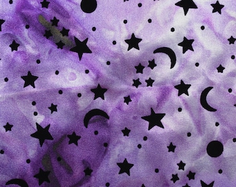Mystical Celestial Purple Tie Die Satin with Black Flocked Moons and Stars Goth Witchy Apparel Costume Halloween Fabric