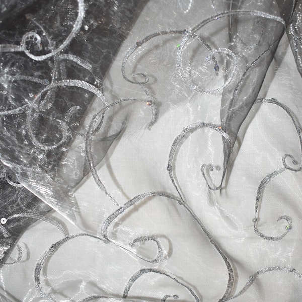 Organza Sheer Scroll Embroidery with Sequins In Silver, White, and Black for Holiday Special Occasion Fabric by the yard