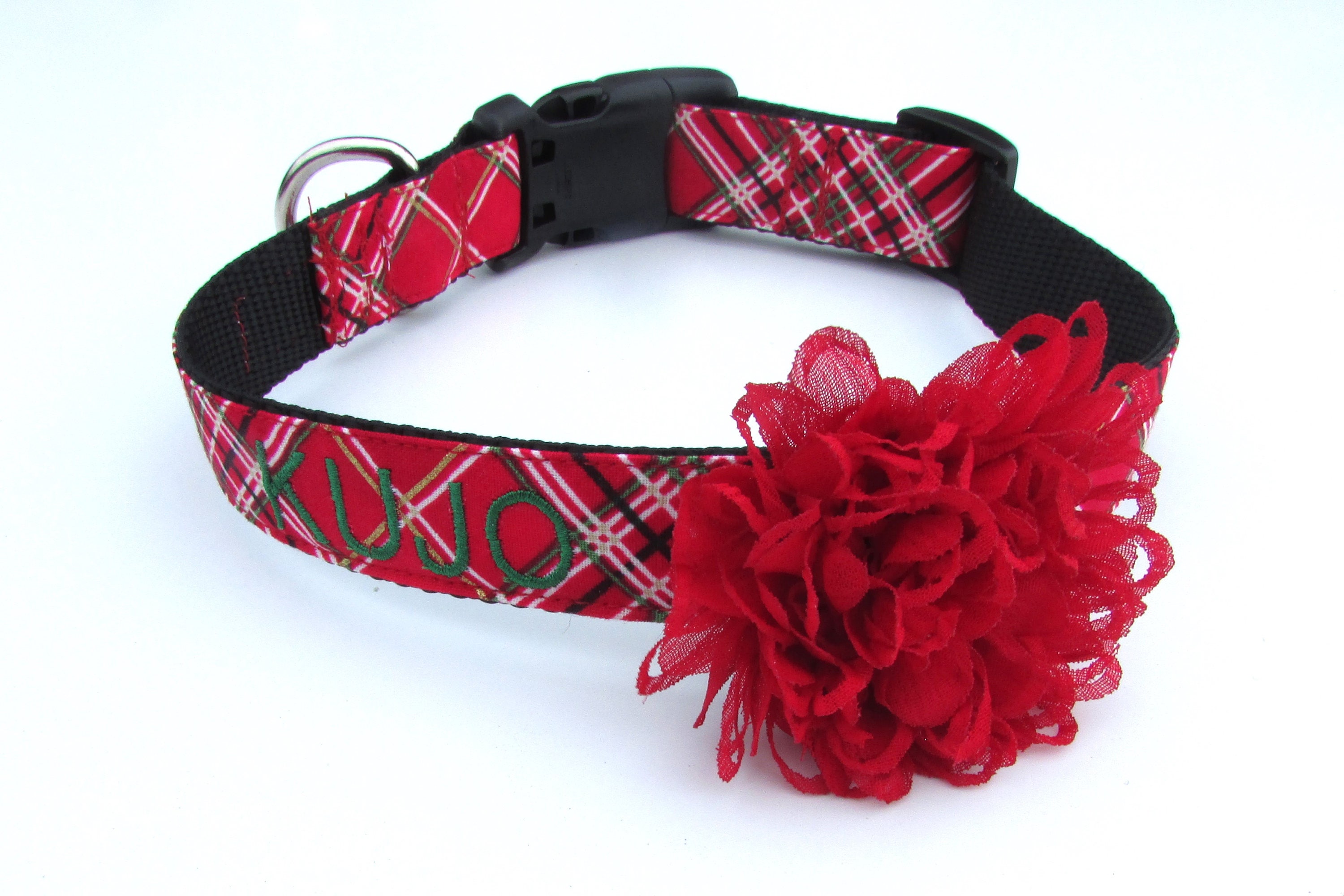 Red and Green Plaid Dog Collar with Chiffon Flower Leash Etsy