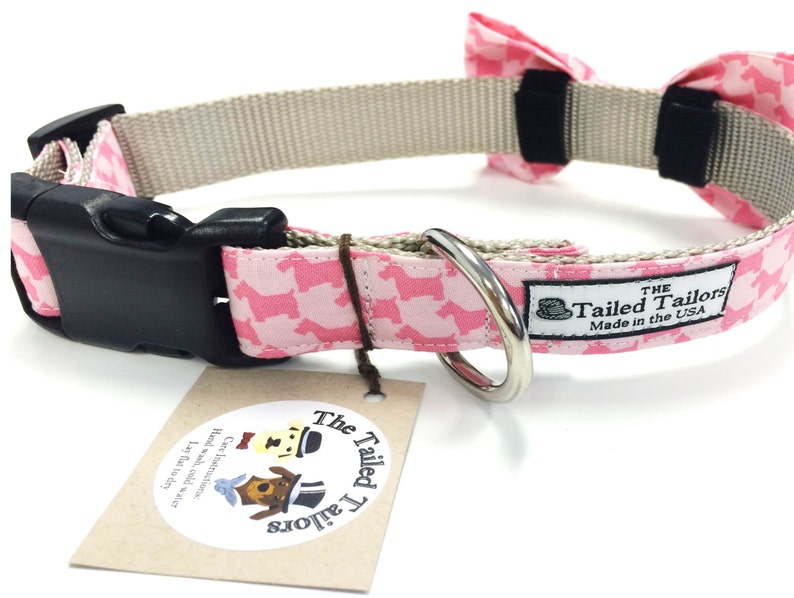 Dog Bow Tie Collar Pink Scottie Dog Houndstooth Dog Bowtie Etsy
