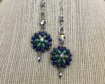 Egyptian style Lapis and Turquoise color Czech Crystal Beaded Earrings