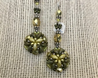 Celtic Beaded Earrings in Green with Mirrored Czech beads