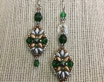Emerald Green Crystal and Pearl Art Deco Vintage and Antique Inspired Gilded Age Downton Abby Beaded Chandelier Earrings