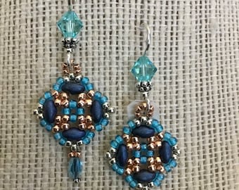 Quilted Style Turquoise Color Swarovski Crystal Beaded Earrings