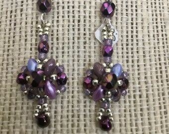 Downton Abby Gilded Age Antique and Vintage Inspired Purple Iris Czech Crystal Beaded Earrings .