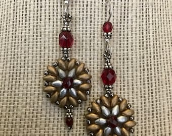 Ruby Red Czech Crystal Beaded Earrings in Gold and Silver .