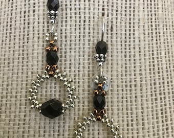 Beaded Hoops in Silver and Bronze with Black Jet Crystal beads