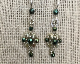 Green Iris Czech Crystal Gilded Age Inspired Seed beaded Earrings