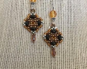 Amber and Black Color Seed Beaded Quilted Style earrings with Czech Crystals and Beads