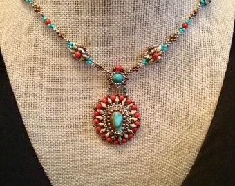 Sierra Nevada Turquoise and Mediterranean Coral Southwestern Vintage Inspired Cowgirl rodeo Necklace