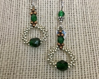 Silver and Bronze Small Beaded Hoop Earrings with Green Czech Crystal Beads