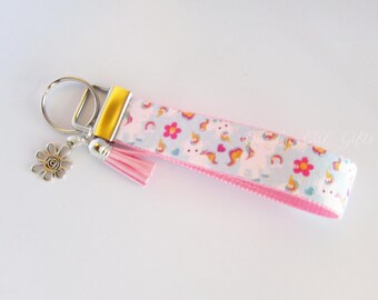 Unicorn Keychain - Unicorn Key Fob - Unicorn Rainbow And Flower Key Fob With Tassel And Flower Charm - Rainbow Unicorn Key Fob Wristlet