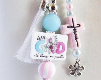 Christian Bag Charm Keychain - With God All Things Are Possible - Jesus Cross