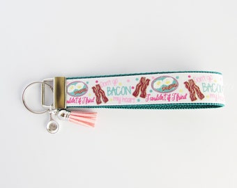 Bacon And Eggs Key Fob - Don't Go Bacon My Heart  Key Chain With Tassel And Frying Pan Charm - Bacon And Egg Key Holder - Gifts Under 10