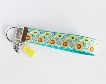 Sunflower Wristlet Key Fob – Floral Keychain with Tassel Charm