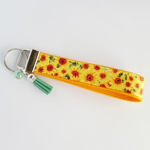 Sunflower Key Fob - Sunflower Keychain - Flower Key Fob - Sunflower Gift Under 10 - Floral Gift - Sunflower Wristlet - Flower Gifts For Her