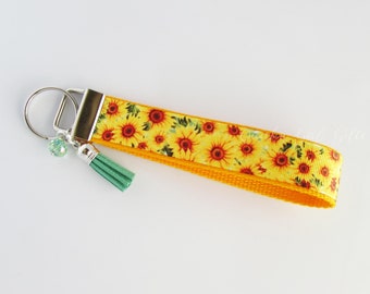 Sunflower Key Fob – Floral Wristlet Keychain with Tassel