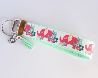Elephant Key Fob -  Pink Elephant Keychain - Elephant And Flower Key Chain - Elephant Keyring - Elephant Gifts - Elephant Charm - Tassel