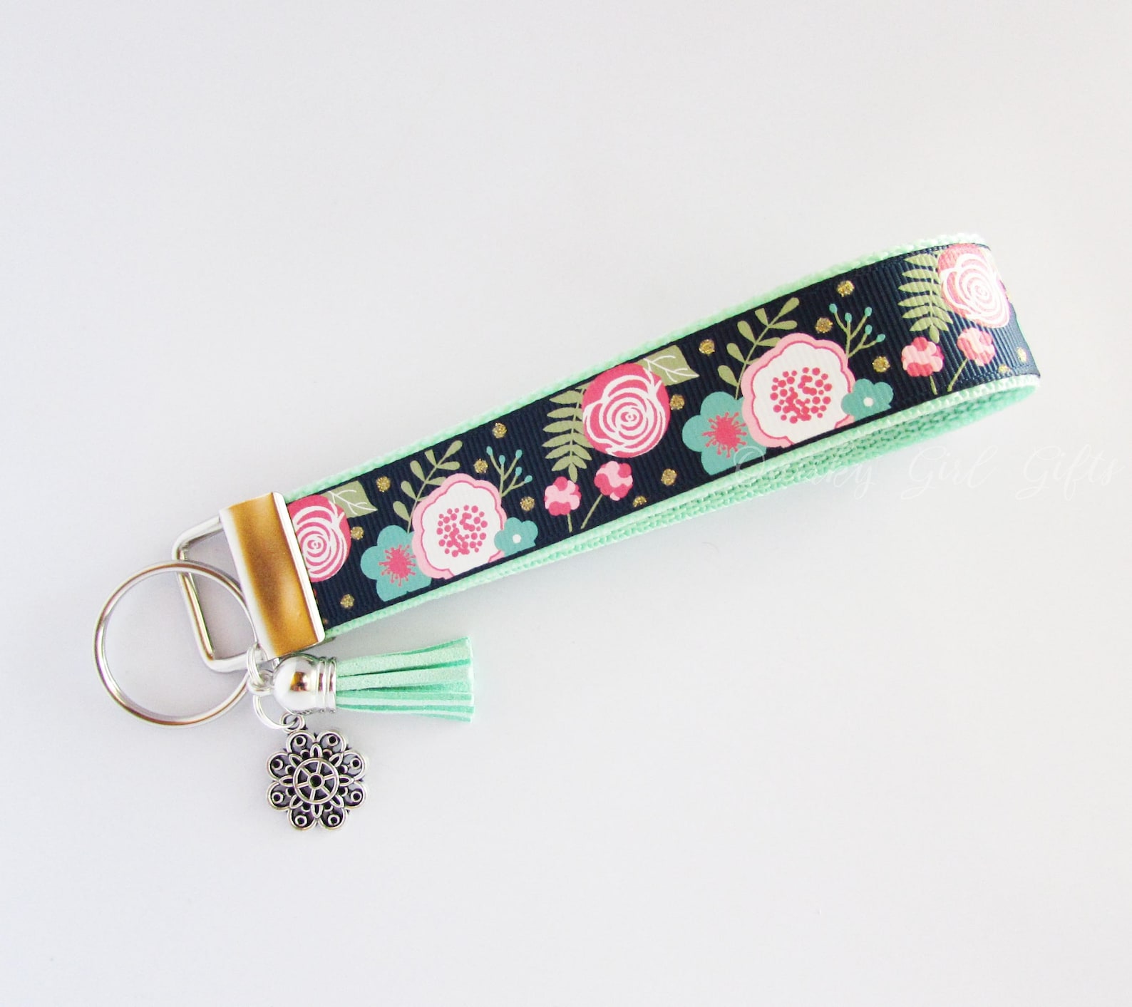 Navy Floral Key Fob Flower Key Fob floral Keychain Floral Etsy