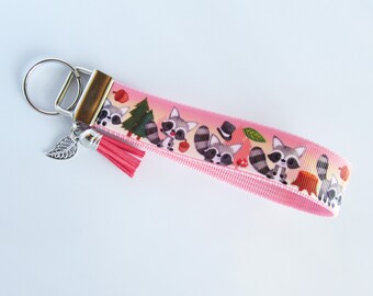 Raccoon Key Fob - Raccoon Keychain - Forest Raccoon With Acorns Trees Leaves Tree Trunk Key Fob - Raccoon In Top Hat - Raccoon Lover Gifts