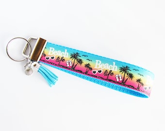 Beach Key Fob - Ocean Key Fob - Palm Tree Key Fob - Flip Flop And Sunglasses Key Fob - Beach Gifts For Her - Ocean Gifts Under 10