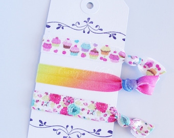 Hair Tie Set of 3 - Ponytail Holders - Cupcake Hair Tie - Rainbow Hair Tie - Floral Hair Tie - Ponytail Holder Set of 3 - Gifts for Her
