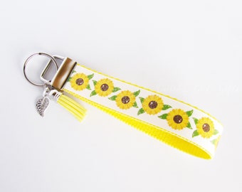 Sunflower Key Fob - Sunflower Keychain - Flower Key Fob - Sunflower Gift Under 10  for Her - Floral Gift - Sunflower Wristlet - Flower Gifts