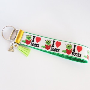 Bookworm Key Fob - I (Heart) Books Key Fob - Reader Key Fob - Book Keychain - Book Lover Gift - Gifts Under 10 - Book Lover Key Fob