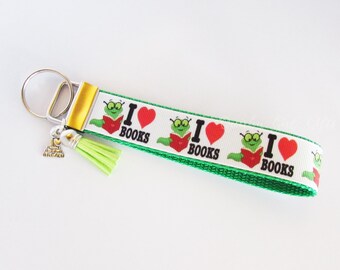 Bookworm Key Fob - I (Heart) Books Key Fob - Reader Key Fob - Book Keychain - Book Lover Gift - Gifts Under 10 - Book Lover Key Fob