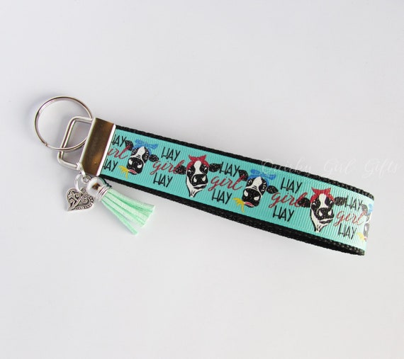 Cow Key Fob - Cow Keychain - Hay Girl Hay Cow Key Fob - Cow Wristlet - Cow Collector Gift - Gifts Under 10 - Teen Gift - Heifer Key Fob
