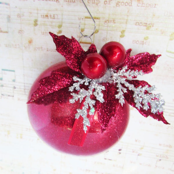 Red Glitter Disc-Shaped Ornament With Leaves And Berries - Glitzy Ornament - Sparkly Bright Red Ornament - Tree Ornament - Ornament Exchange