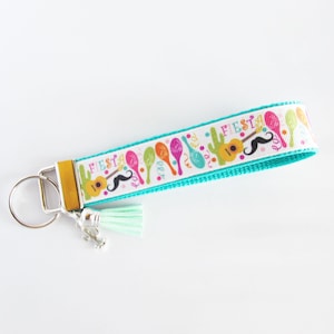 Fiesta Key Fob - Cactus Marachas Guitar Mustache Key Fob - Mexican Fiesta Wristlet Key Fob - Gifts Under 10 - Shaker Rattle Fiesta Wristlet