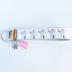 Elephant Key Fob - Elephant Keychain - Elephant With Flowers Wristlet - Elephant Keyring - Elephant Lover Gifts Under 10 - Gifts For Her