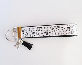 Music Key Fob - Music Keychain - Music Notes Wristlet - Musician Gift - Teacher Gift - Music Note Charm - Black White Music Notes Key Fob