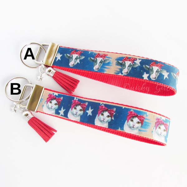 Americana Cow Key Fob - Patriotic Cat Key Fob - Cat Key Fob Keychain - Cow Or Cat Collector Gift Under 10 - Heifer Key Fob - Vet Gift