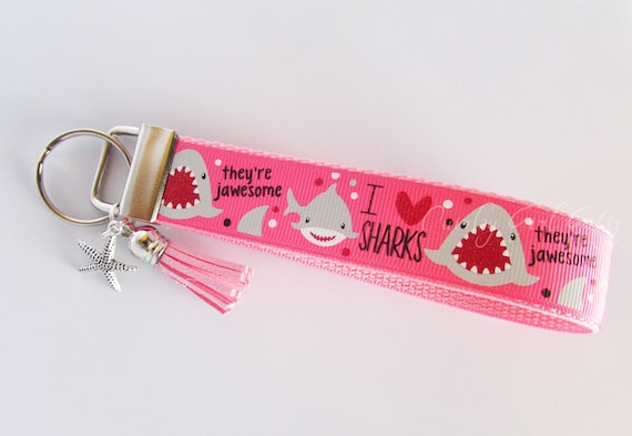 Shark Key Fob - I Love Sharks Key Fob - Shark Keychain - Fish Key Fob - Jaws Key Fob - Shark Lover Gift- Shark Wristlet - Jawesome Shark