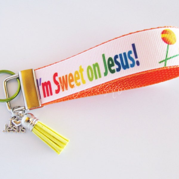 Clearance I'm Sweet on Jesus Key Fob - Rainbow Jesus Key Ring - Yellow Tassel Key Holder - I Love Jesus Charm Key Holder - Religious