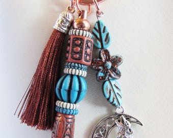 Southwestern Coyote Bag Charm Clip Keychain, Turquoise Rust Beads, Rose Gold Clip