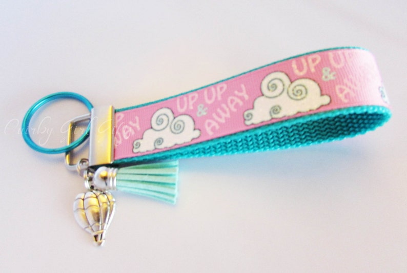 Clouds and Balloon Key Fob - Up Up and Away Key Fob - Hot Air Balloon Wristlet - Cloud Key Holder - Tassel Cloud Hot Air Balloon Key Chain 