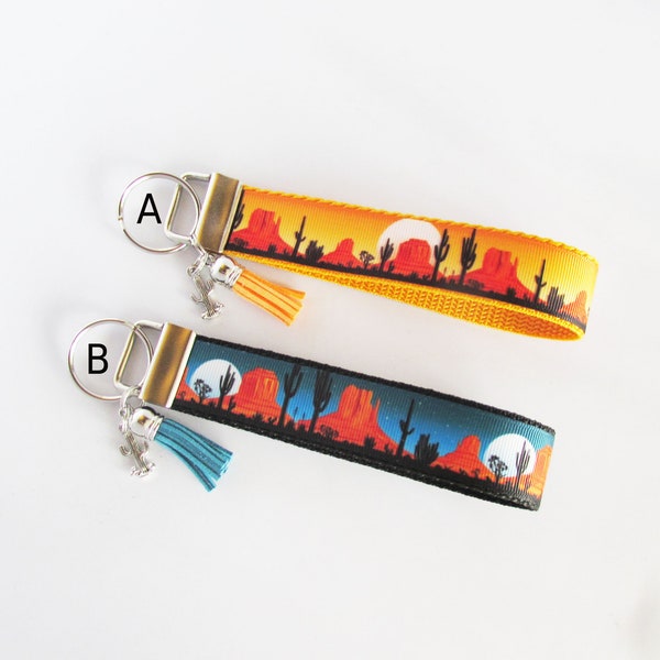 Cactus Desert Sunset Key Fob - Desert Night Sky Keychain Wristlet - Desert Lover Gift - Cactus Collector - Desert Mesa Landscape Key Fob