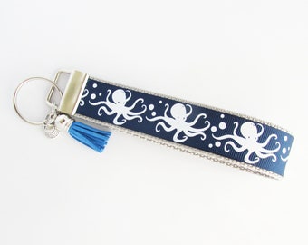 Octopus Key Fob Wristlet – Navy Sealife, Shell Charm