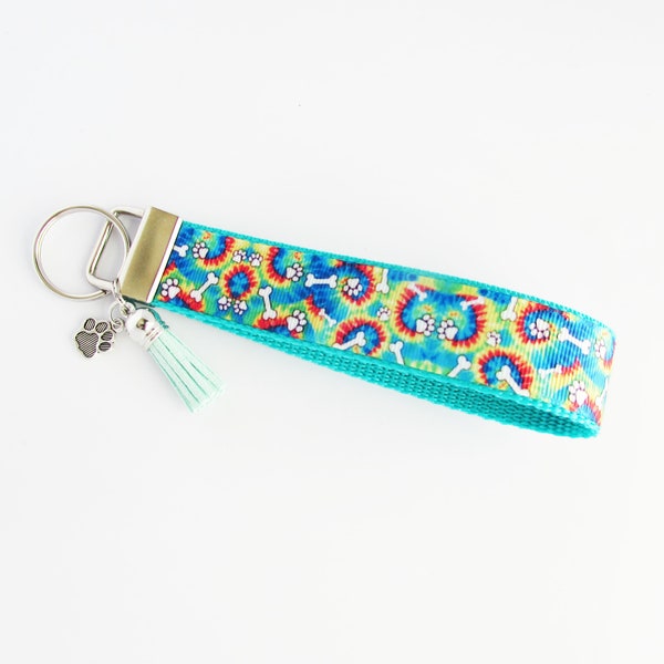 Dog Bone And Pawprint Key Fob - Pet Key Fob - Dog Keychain - Tie Dye Pawprint And Dog Bone Key Fob - Dog Themed Wristlet - Dog Lover Gifts