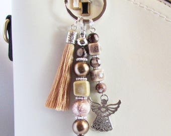 Angel Cross Bag Charm Keychain - Angel Purse Backpack Clip-on, Brown Silver Beads, Tassel