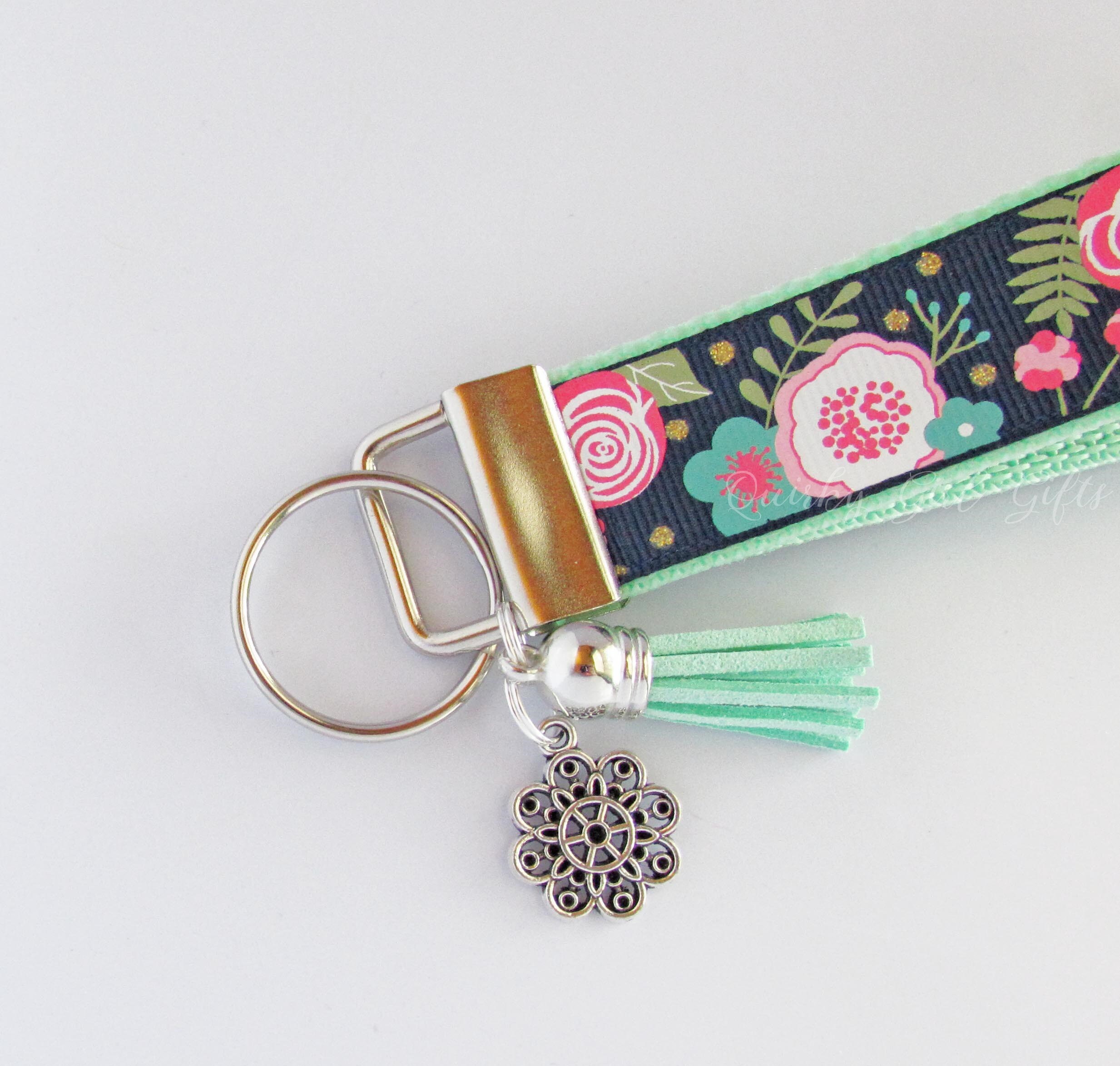 Navy Floral Key Fob Flower Key Fob Floral Keychain Floral Etsy