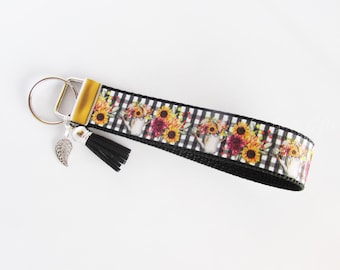 Sunflower Watering Can Key Fob – Floral Wristlet Keychain