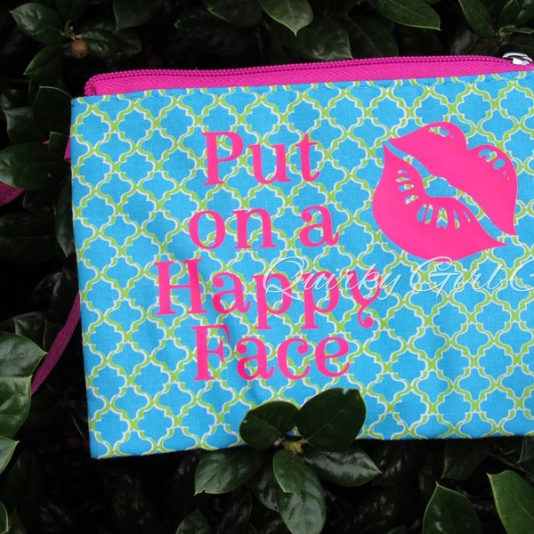 Teal Quatrefoil Makeup Bag, Pink Lips Design