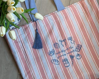 Farmers Market Tote Bag | Large Striped Canvas Tote with Tassel | Embroidered Market Bag | Reusable Grocery Bag | Cute Summer Tote