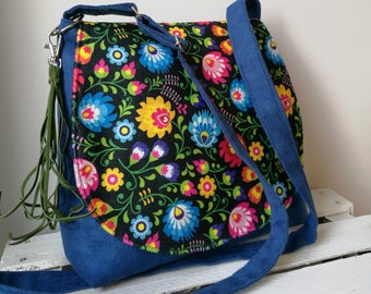 Folk art bag, Colored messenger bag, Vegan crossbody bag, Medium sized bag, Polish folk Pattern, Boho messenger bag, Sling crossbody bag