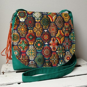 Green boho bag,Vegan messenger bag,Bag with a Moroccan pattern, Medium sized bag,  Sling crossbody bag, Tassel bag, Hippie bag, Colored  bag